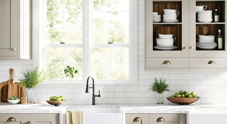 A kitchen with white cabinets and white subway tile backsplash